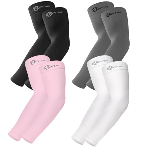 BHYTAKI UV Sun Protection Arm Sleeves, UPF 50 Sports Cooling Arm Compression Sleeves for Men Women Teenager - color: 1 Black+1 Dark Gray+1 White+1 Pink