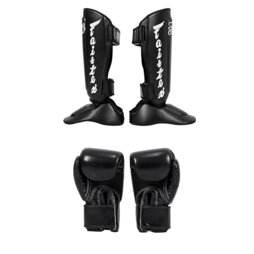 SP7 Black Medium Shin Guards + Fairtex BGV1BR 16 oz Black Glove