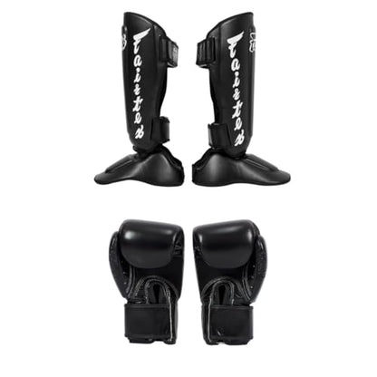 SP7 Black Medium Shin Guards + Fairtex BGV1BR 16 oz Black Glove