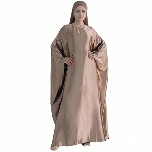 Abaya Muslim Women Dress Satin Batwing Sleeve Kaftan Maxi Arabian Dubai Islamic Ramadan Prayer Dress with Hijab Scarf - color: Brown