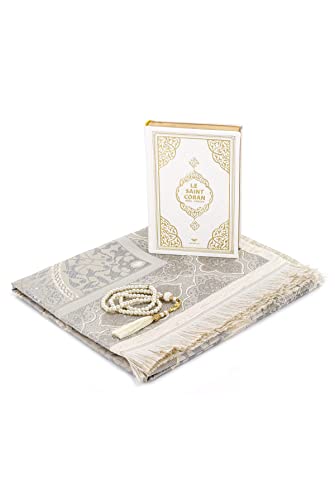 ihvan online Prayer Gift Box for Hajj and Umrah, Muslim Prayer Rug, Islamic Mat, 99 Pearly Beads Tesbih, Holly Quran with French Translation, Islamic Deluxe Set for Ramadan & Eid Gift - color: White / Set 3