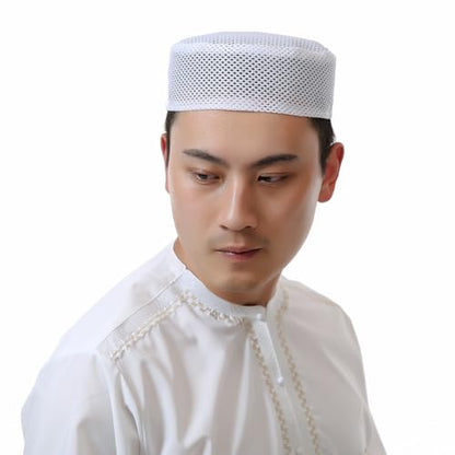 JIAHG 3pcs Breathable Mesh Fabric Muslim Prayer Kufi Skull Cap Islam Kufi Headware Takke Praying Beanie Hat Kofia Topi Hat - color: White-3pcs/Pack