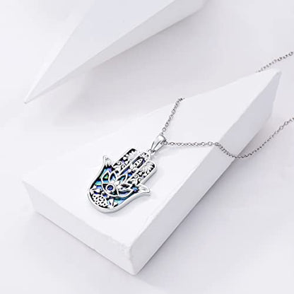 PROESS 925 Sterling Silver Hamsa/Allah Necklace Evil Eye Amulet Jewelry Gifts for Men Women - style: Abalone Shell Hamsa Necklace