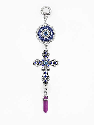 LUCKBOOSTIUM Blue Crystal Inlayed Cross & Blue Mandala Evil Eye Amulet w/Hanging Healing Stone - Nature, Energy, Rebirth, Growth Charms - Car & Home Charm Ornament (2"x8", Amethyst) - color: Amethyst