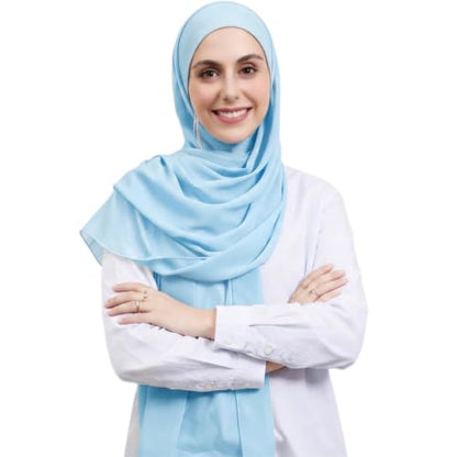 Instant Hijab Set 3-in-1 Chiffon Hijab Scarf for Women with Built-in Magnets and Undercap Head Wraps - color: Light Blue