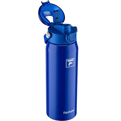Fanhaw 710ml(24온스) 단열 스테인리스 스틸 물병, 2-in-1 빨대 및 처그 뚜껑, 누출 방지 넓은 입구 진공 병, 학교, 스포츠, 어린이, 청소년 및 성인용, 개학 필수품 (클라인 블루) - color: 클라인 블루.