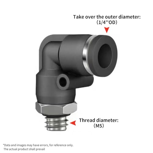 PNEUMATIC Male Elbow 1/4 Inch Tube OD x M5 Thread 90 Push to Connect Fittings PL-1/4-1/16 (Pack of 5) - size: 1/4"OD x M5