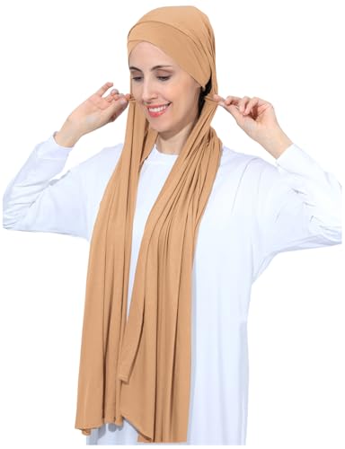 Instant Jersey Cotton Hijab Scarf for Women, Non-See Through Tieback Muslim Head Scarf - color: Light Brown