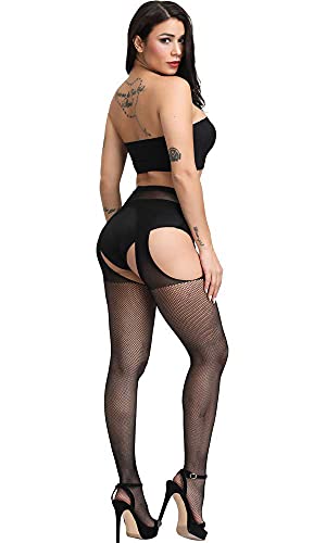 E-Laurels Womens High Waist Patterned Fishnet Tights Suspenders Pantyhose Thigh High Stockings Black - color: Black A6