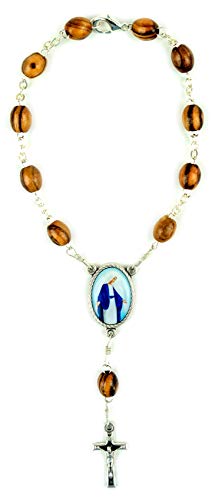 Our Lady of Grace Pocket Rosary, Holy Land Olive Wood Rosary Bracelet with Crucifix & Clasp, One Decade Catholic Charm Bracelet for Car Mirror, Religious Car Accessory for Rearview - color: Our Lady of Grace