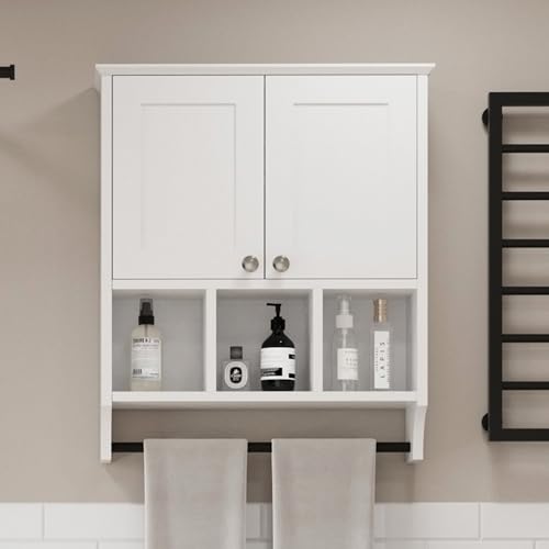 Bathroom Medicine Cabinet, Bathroom Cabinet Wall Mounted Over-The-Toilet with Towel Bar, 2 Doors & 3 Open Shelves, White - color: White