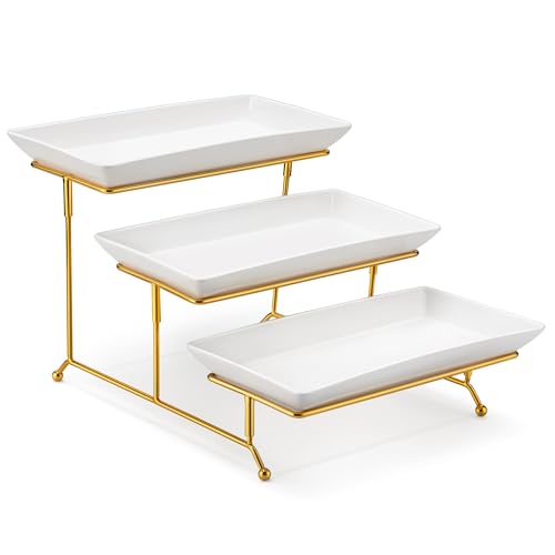 MALACASA 3 Tier Serving Trays for Party, 12 Inch Porcelain White Trays for Serving Food, Dessert Stand with Collapsible Gold Metal Rack - color: White Gold, size: 12 Inch
