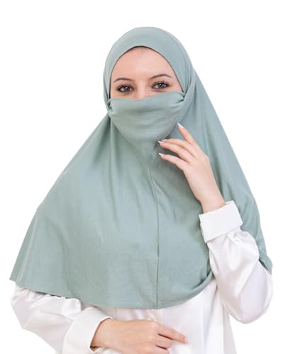 Prien Easy To Wear Hijab For Women, Muslim Instant Turban With Niqab, Islamic Clothes, Soft Scarf For Prayer, Abaya, Khimar - color: Light Green