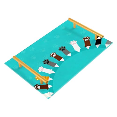 Bathroom Vanity Tray Counter Organizer, Cat Paw Pencils on Turquoise Background Decorative Tray with Handles Countertop Storage for Bathroom Bedroom Kitchen Home Farmhouse - color: Cat Paw Pencils on Turquoise Background