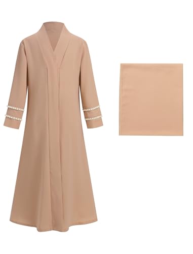 IDOPIP Muslim Dress for Girls Islamic Prayer Abaya Long Sleeve Cardigan Kaftan Robe Dresses with Hijab Ramadan Dubai Outfits - color: Champagne, size: 11-12 Years