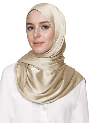Lina & Lily Premium Crinkled Satin Hijab Head Scarf Shawl for Muslim Women - color: Beige