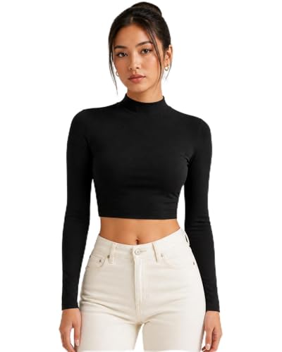 AMAL Muslim Arm Hijab Cotton Cropped Bolero Top for Women, Long Sleeve Mock Neck Modest Layering Shrug - color: Black, size: X-Large