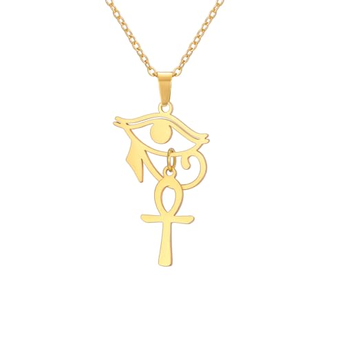 Ankh Cross Y Necklace Key of Life Eye of Horus Pendant Cartouche Long Chain Protection African Coptic Amulet Ancient Egyptian Religious Jewelry Gift for Women Men - color: Ankh Cross Eye of Horus gold 2