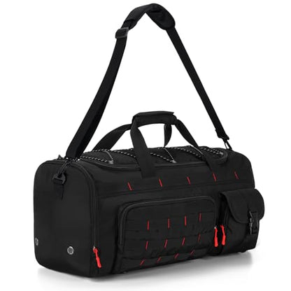 Gonex 45L Tactical Duffel Bag, 3-in-1 Convertible Carry-On Gym Bag for Men with Red Zipper Pull, Shoe Compartment, Gear Loops, Water-Repellent Travel Bag (Black with Red Accents) - color: Black with Red Accents, size: 45L