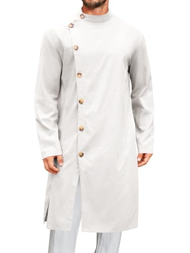 Runcati Mens Kaftan Thobe Button Down Long Sleeve Robe Casual Henley Shirt Cotton Muslim Gown Kurta Tops - color: White, size: Medium