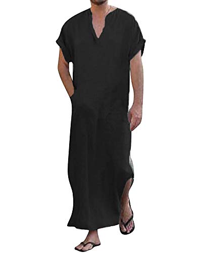 YAOHUOLE Men's Short Sleeve Kaftan Thobe Side Split Caftan with Pockets Long Gown Thobe - color: Black, size: Large