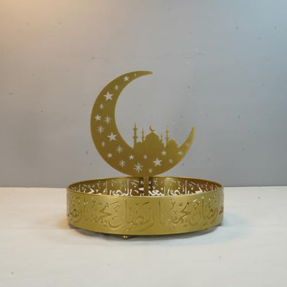 Ramadan Tray Eid Mubarak Metal Serving Tray Lunar Crescent Eid Mubarak Dishes Tray Plate Ramadan Eid Serving Tray Fruit Tray Tableware Dessert Platters Storage Container Display Holder