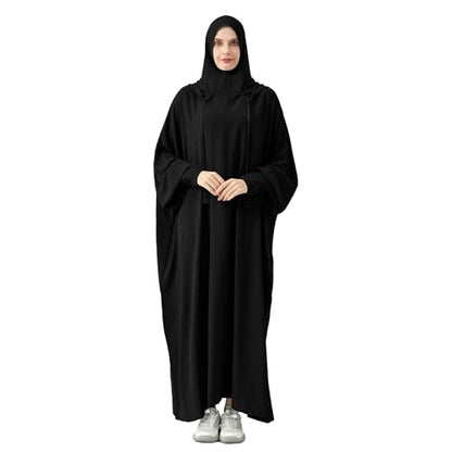 Abaya Muslim Dress Women Prayer Dress Long Sleeve Hooded Loose Maxi Dress Arabian Dubai Islamic Clothes - color: Black