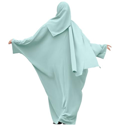 IDOPIP Abayas for Women Muslim Dress with Hijab, One-Piece Long Sleeve Islamic Prayer Dress with Khimar Jilbab Kaftan Clothes - color: Green + Hijab