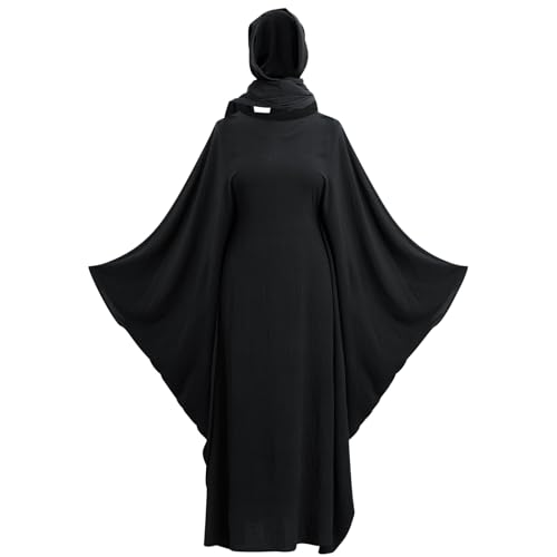 ODIZLI Abayas For Women Muslim Dubai Full Cover Kaftan Shirt Dress Batwing Sleeve Prayer Dress With Hijab - color: Black + Hijab, size: One Size
