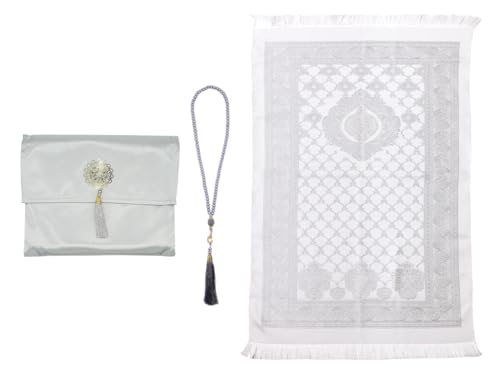 Anlising Muslim Prayer Mat with Prayer Beads and Fabric Bag, Islamic Prayer Mat, Foldable Prayer Rug, Muslim Foldable Prayer Mat, Muslim Prayer Rug, for Muslim, Islamic, Ramadan, Gifts(Gray,110x70CM)