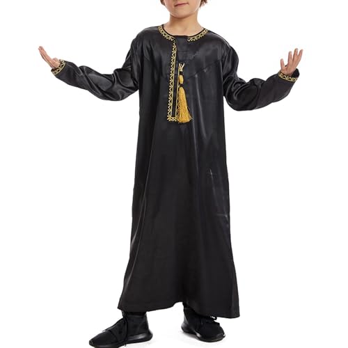 Muslim Dress for Boys Long Sleeve Striped Thobe Islamic Eid Ramadan Prayer Clothes Kids Lds Temple Dresses Muslim Arabic Robe - color: Black, size: 7-8 Years