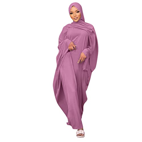 Muslim Dress for Women Pakistani Kaftan Abaya Robe + Hijab Arabic Islamic Prayer Clothes Dubai Outfits - color: Dark Pink Set