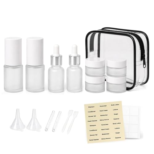 18 pcs Glass Travel Bottles for Toiletries, TSA Approved Glass Travel Containers White Frosted Mini Travel Bottles with Label, BPA Free Leak Proof with Pump Bottles for Makeup, Skincare - color: White Frosted Glass-Mini