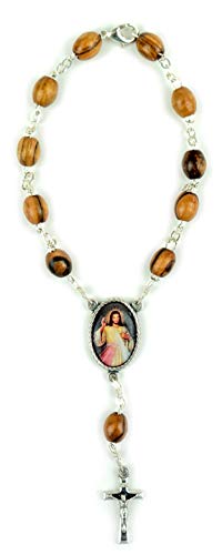 Jesus Divine Mercy Pocket Rosary, Holy Land Olive Wood Rosary Bracelet with Crucifix & Clasp, One Decade Catholic Charm Bracelet for Car Mirror, Religious Car Accessory for Rearview - color: Divine Mercy