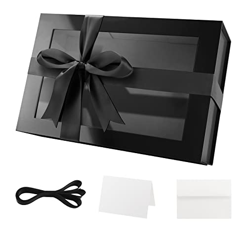 PACKQUEEN Large Black Magnetic Gift Box with Window, Ribbon 13.5x9x4.1 In - color: Black-13.5x9x4.1 Inches-Pack of 1