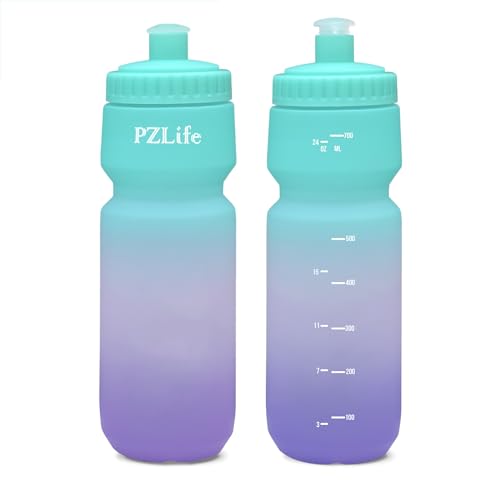 BPA Free Bike Water Bottle 24oz, Leakproof & Reusable Cycling Squeeze Bottle with Pull-Top Lid & Capacity Scale, for Bicycle, Mountain Bike, Gym, Running, School, Hiking - color: Green pink