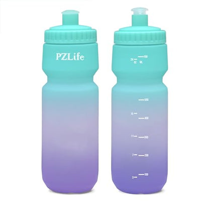 BPA Free Bike Water Bottle 24oz, Leakproof & Reusable Cycling Squeeze Bottle with Pull-Top Lid & Capacity Scale, for Bicycle, Mountain Bike, Gym, Running, School, Hiking - color: Green pink