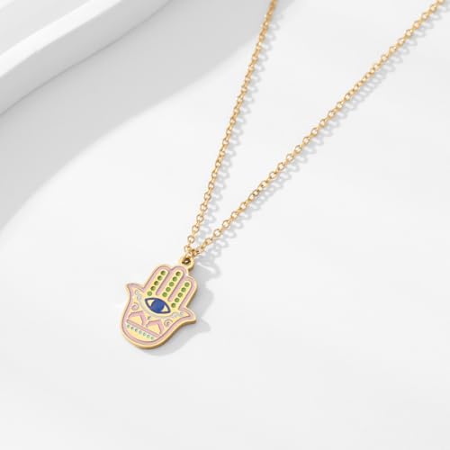 Stainless Steel Hebrew CHAI Necklace | Hand of Fatima Pendant | Turkish Evil Eye Charm | Israel Map Blessing Necklace | Protection Jewelry for Women men Include a Gift Box - color: Gold-Hamsa-1251
