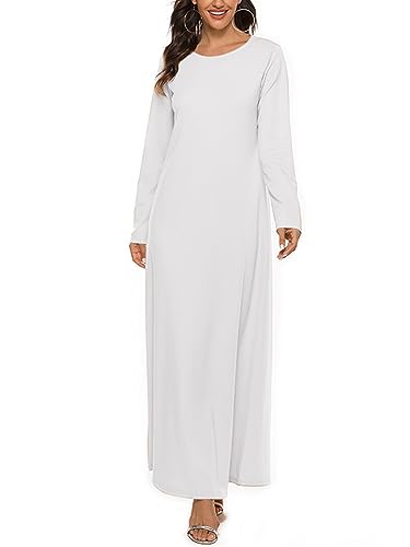 Womens Muslim Abayas Maxi Dress One Piece Long Sleeve Islamic Prayer Dresses Robe Arabian Kaftan - color: White, size: Large-X-Large