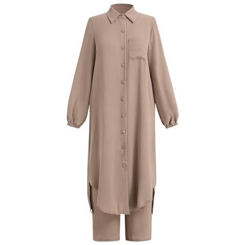 IDOPIP Abaya Dress for Women Muslim Set Long Sleeve Chiffon Islamic Dress Shirt with Pants 2PCS Dubai Prayer Casual Clothes - color: Khaki, size: Small