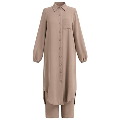 Muslim Clothes for Women 2 Piece Set Long Sleeve Button Down Shirt and Pants Ramadan Abaya Dress Islamic Dubai Outfits - color: Khaki, size: X-Large