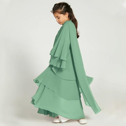 Chiffon layered Open Abaya Dubai Kaftan Muslim Cardigan Abayas Dresses For Girls Casual Robe Kimono Islam Clothing - color: Mint Green, size: 5-6 Years