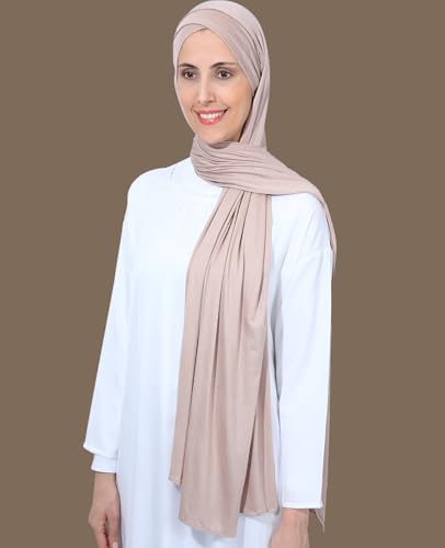 Instant Jersey Cotton Hijab Scarf for Women, Non-See Through Tieback Muslim Head Scarf - color: Pale Brown