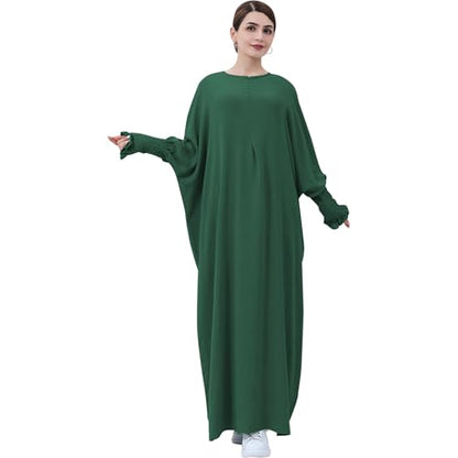 Lenmipot Islamic Women Jilbab Abayas Muslim Abaya Dress for Women Middle East Kaftan Dubai Dress Eid Prayer Clothes - color: Dark Green