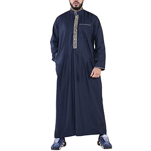 Mens Thobe Jubba Nehru Stand Collar Islamic Clothing Muslim Cotton Kaftan Embroidery Eid Robe Saudi - color: Navy, size: Small