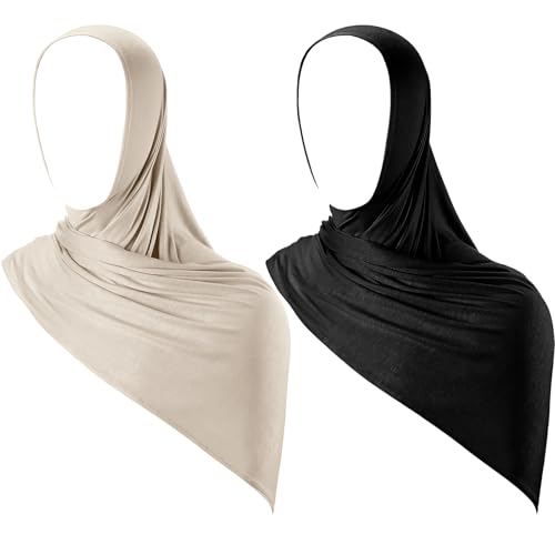 Handepo 2 Pcs Instant Hijab Jersey Hijab for Women Muslim Head Scarf Soft Lightweight Long Stretch Scarf Shawl Wrap - color: Black, Beige