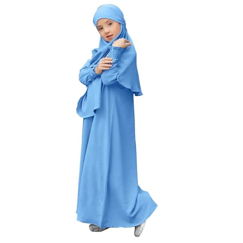 2PCS Girls Muslim Abaya Prayer Dress with Hijab Solid Color Islamic Middle East Arab Dubai Dress Ramadan Eid Burqa Clothes - color: Light Blue, size: 5-6 Years