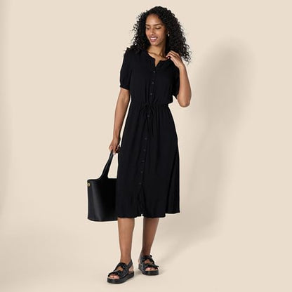 Amazon Essentials Women's Relaxed Fit Half-Sleeve Breathable Button Front Drawstring Waist Midi A-Line Dress with Pockets - color: Black, size: X-Small