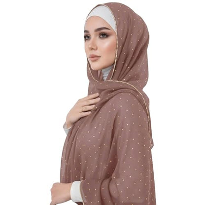 Premium Chiffon Hijab Rhinestone Long Scarf Shawl Wrap for Women Head scarf for Muslim Wedding Party Gift Packed - color: 001light Khak