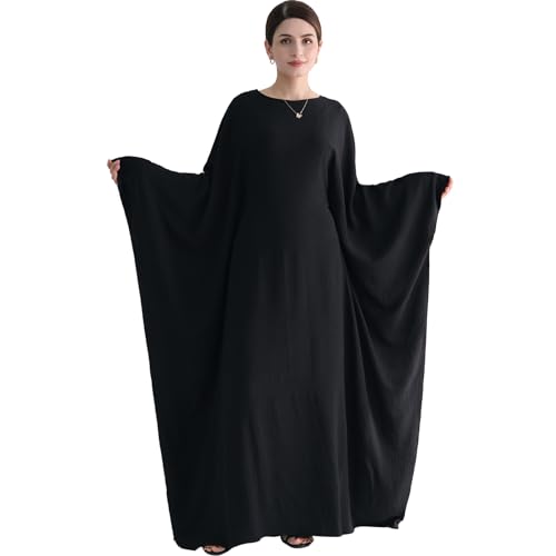 Muslim Abaya Dress Women Middle East Arabian Prayer Robe Batwing Maxi Kaftan Abaya Dress with Hijab - color: Black